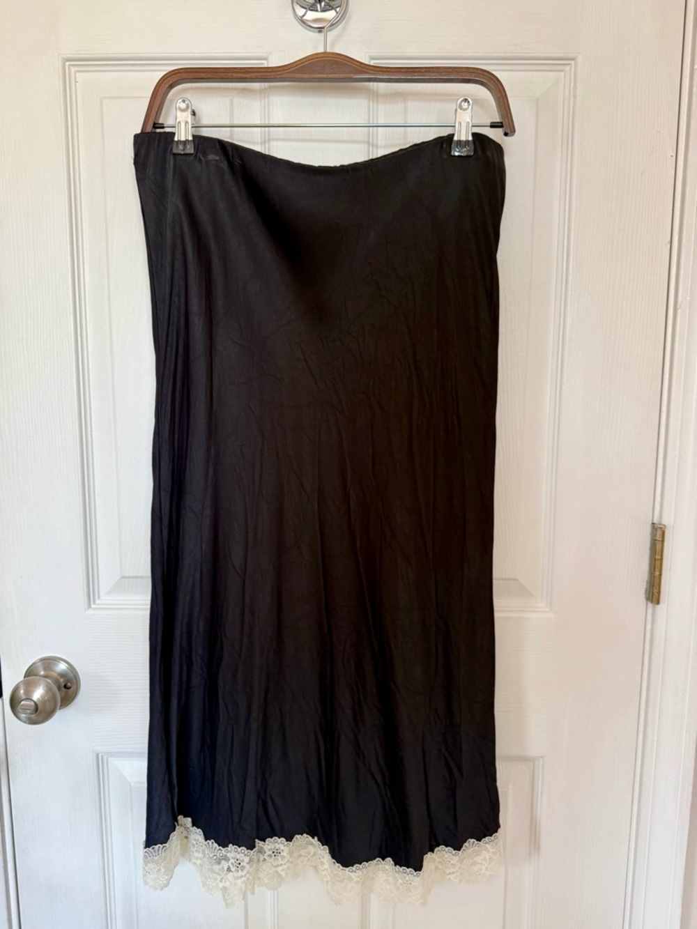 Anthropologie Black Midi Skirt with Cream Lace Trim
